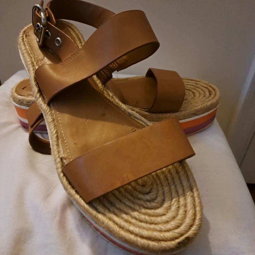 NINE WEST Womens Tan Leather Espadrille‎ Platform Sandals Size 12 Wedge